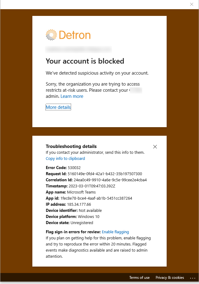Error message: Your account is blocked
