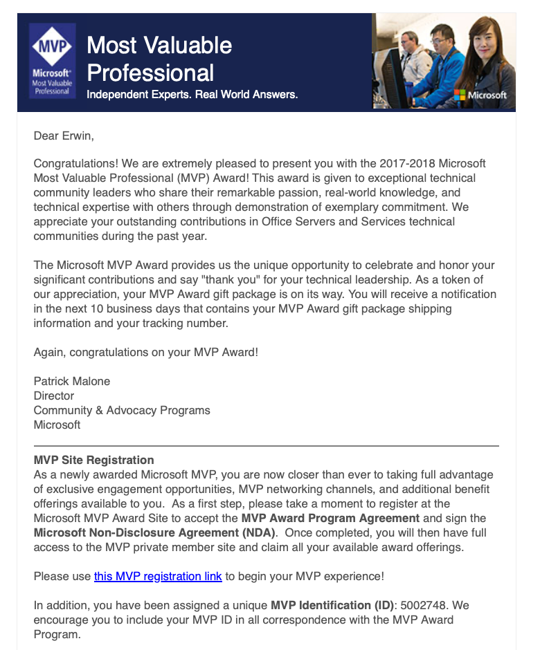 My first MVP email