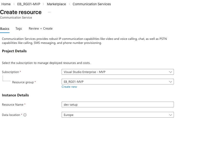 Azure communications resource group
