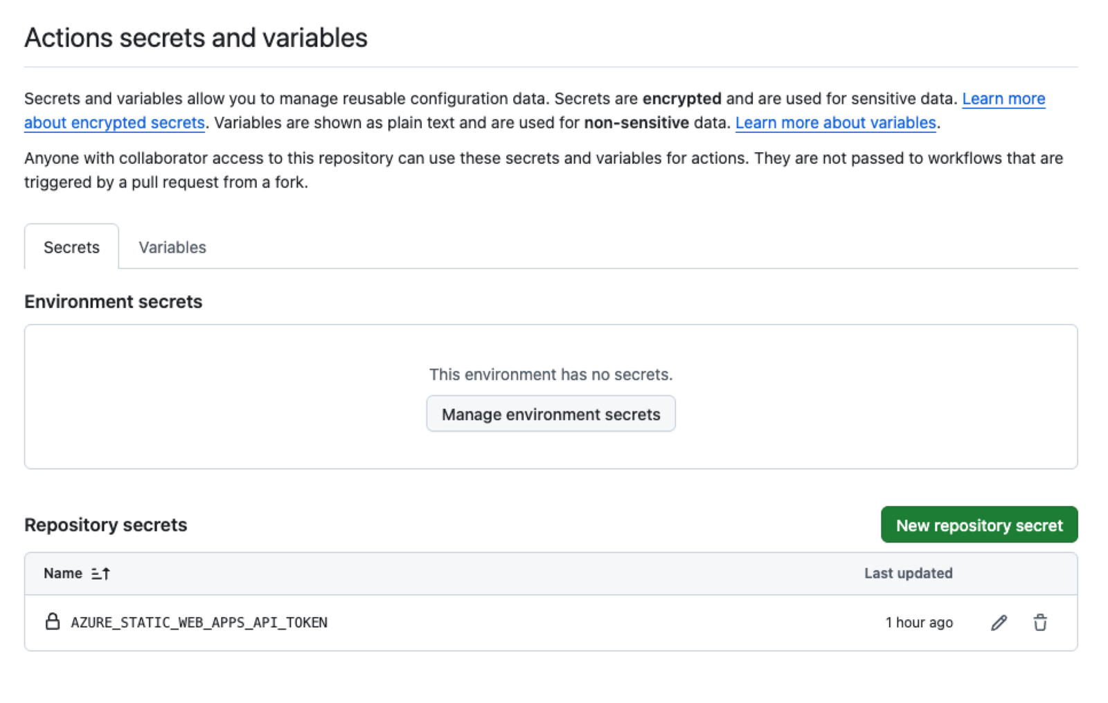The AZURE_STATIC_WEB_APPS_API_TOKEN repository secret in GitHub