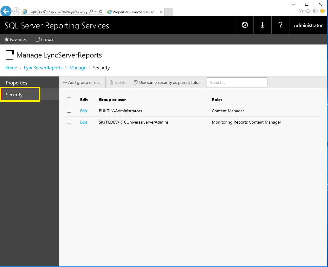 SQL Report Settings Security